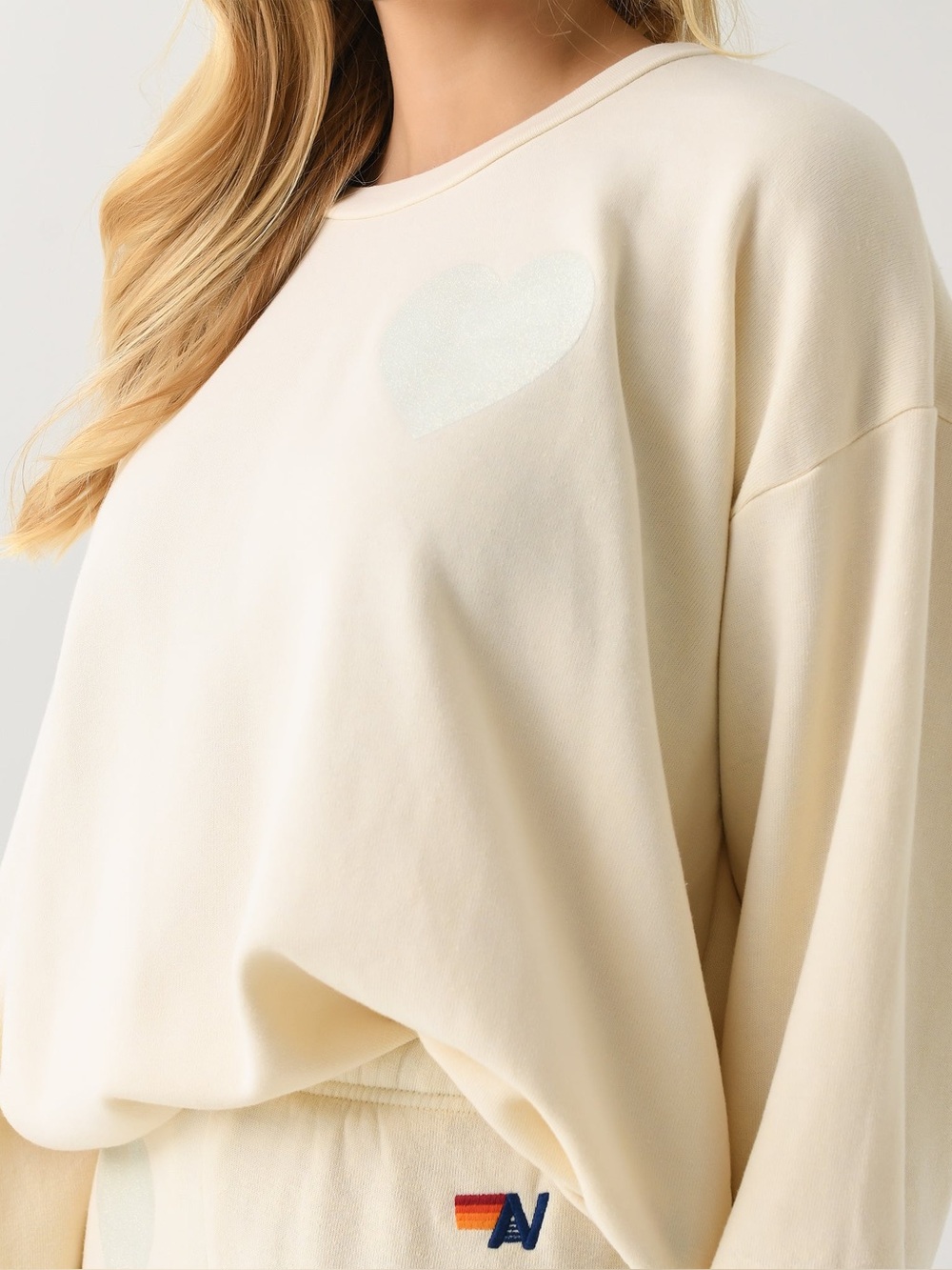 Aviator Nation Glitter Silver Heart Ivory Crewneck Sweatshirt XS | MSRP $185